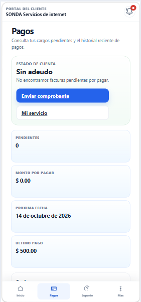 Pantalla de pagos y estado de cuenta del portal de clientes ISP con opción de reportar comprobante